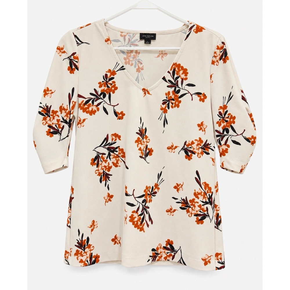 Ann Taylor Factory Floral V-Neck 3/4 Sleeve Pullover Top Ivory Orange Black S